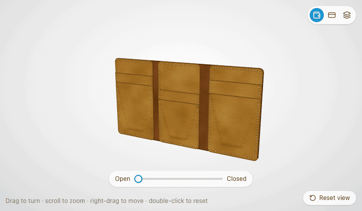 A leather trifold wallet in the Builder's 3D view closing as the Open to Closed slider moves: the left panel folds in first, then the right panel over it.