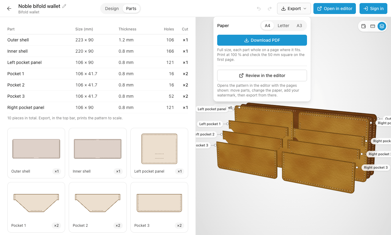 The Builder's parts list for a bifold wallet with each piece's size, leather thickness, stitch holes and how many to cut, the Export menu open on Download PDF, and the wallet taken apart in 3D with every piece named.