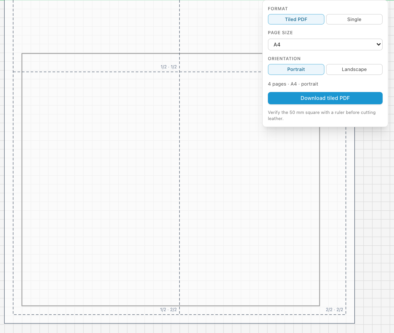 EasyPatt export preview showing a large leather panel split across four A4 pages, with a Download tiled PDF button and a reminder to verify the 50 mm square.