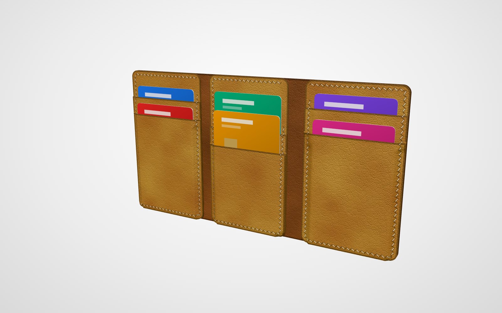 Leather trifold wallet made from this pattern, shown in 3D with a card in every slot